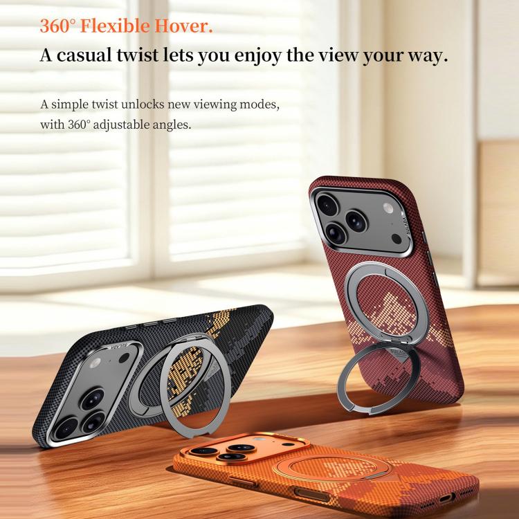 Kevlar-Texture MagSafe Case with 360° Rotating Ring Stand — iPhone 18 Pro