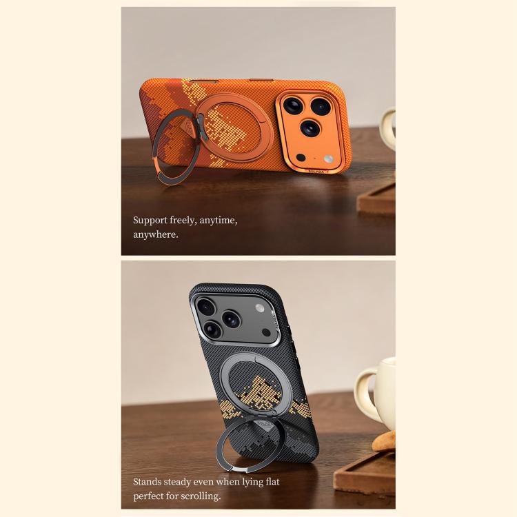 Kevlar-Texture MagSafe Case with 360° Rotating Ring Stand — iPhone 18 Pro