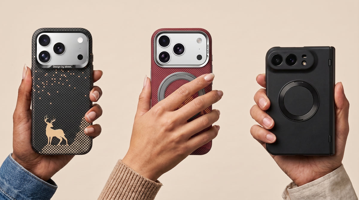 Apple iPhone cases held in hand — ABEEL carbon fiber deer, SULADA checkered MagSafe, and a folding-phone case