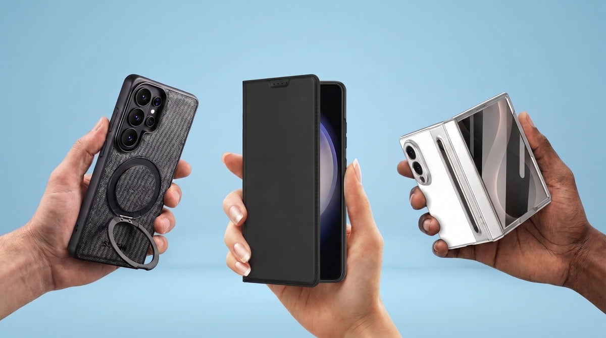 Three hands holding cased Samsung phones — Galaxy S Ultra, Galaxy S flip case, and Galaxy Z Fold