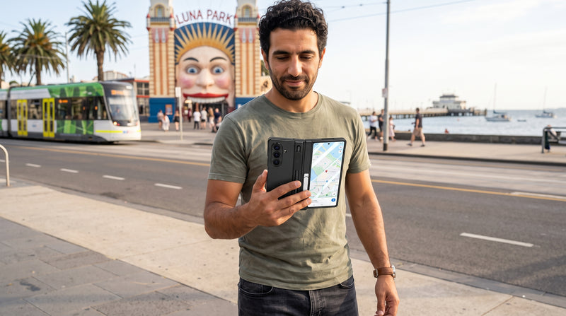Man checking a map on his unfolded, cased Galaxy Z Fold near Luna Park