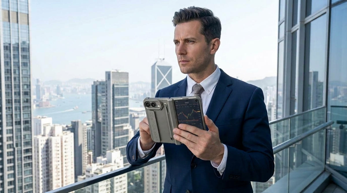 Man in suit on a Hong Kong high-rise balcony checking stock charts on his iPhone Duo, cased