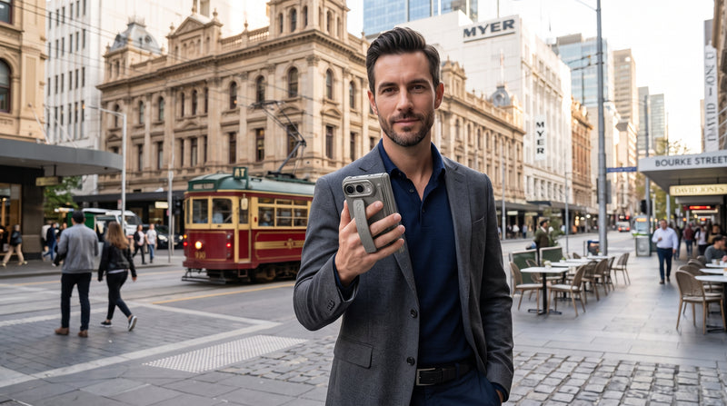 Man in a blazer holding his cased iPhone Duo on a city street with a tram