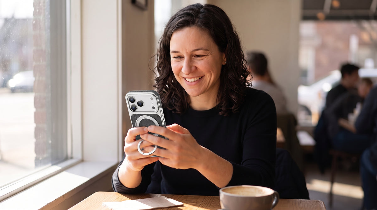 Woman smiling at a cafe table, holding an iPhone in a textured MagSafe case with kickstand ring