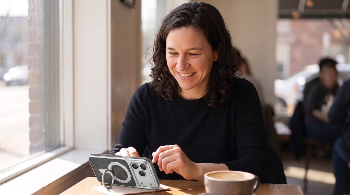 Woman at a cafe table using her iPhone propped up on its MagSafe kickstand ring