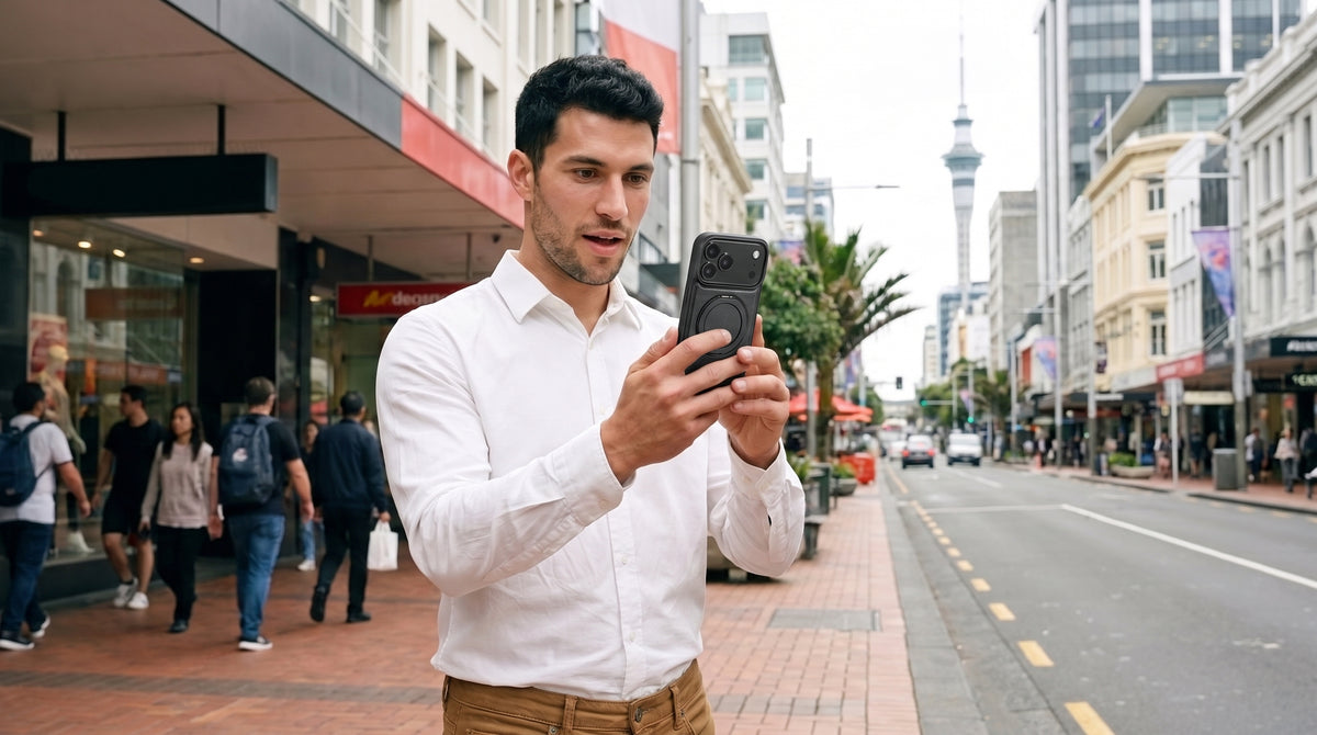 Man on a busy Auckland street holding his iPhone in a black MagSafe case, Sky Tower in the background