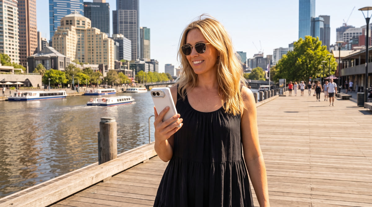 Smiling woman holding her white-cased iPhone by the Yarra River, Melbourne skyline behind her