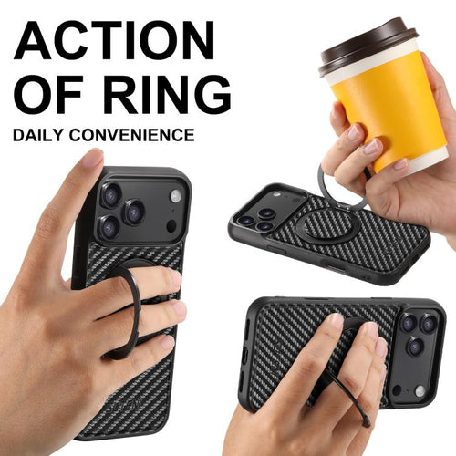 Carbon-Fibre Leather MagSafe Case with 360° Rotating Stand — iPhone 18 Pro